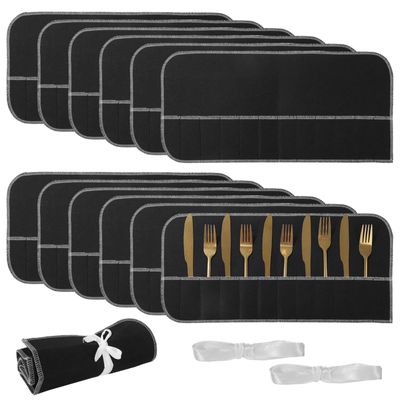 Vestamore Silver-Colored Cutlery Storage Pouches with Ties, Tarnish Protection, Black Felt Organizer, 12-Piece Set
