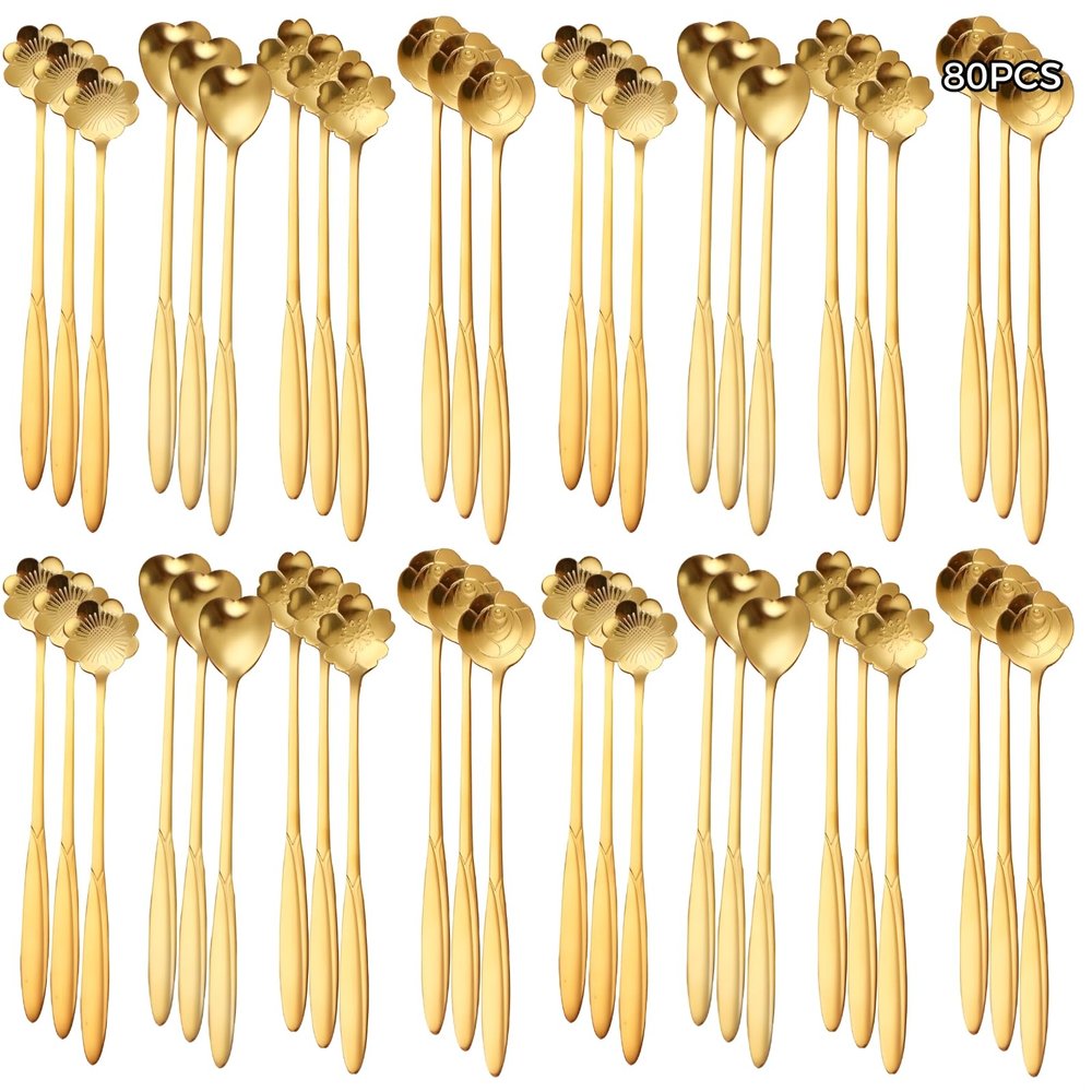 80-Piece Gold-Plated Stainless Steel Teaspoon Set with Cherry Blossom Design, Short Handles, 4 Spoon Shapes, 10 Packs