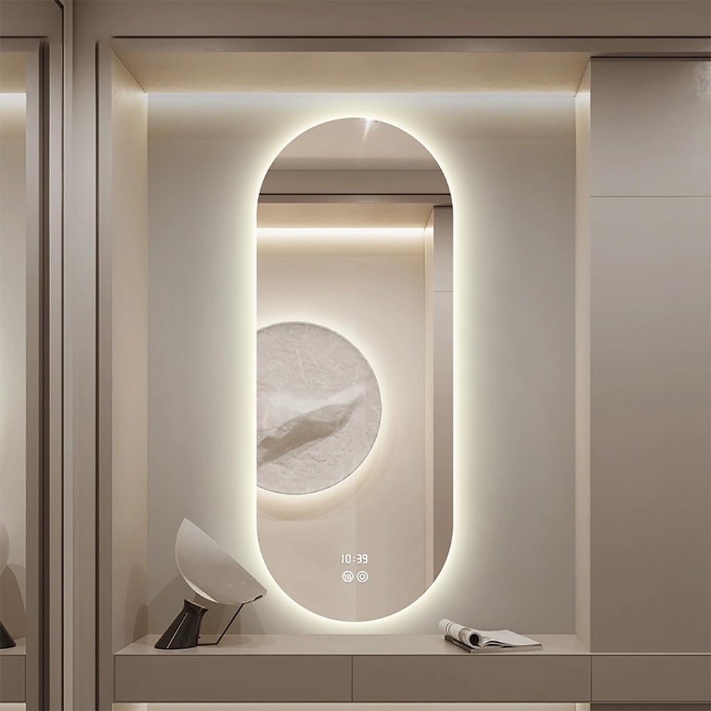 Oval LED Bathroom Mirror, 3 Dimmable Colors, Anti-Fog, Touch Switch, 120 cm