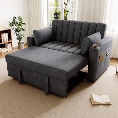 Merax 2-Seater Sofa Bed with Adjustable Backrest, Cup Holders and Side Pockets, Gray Cotton Fabric