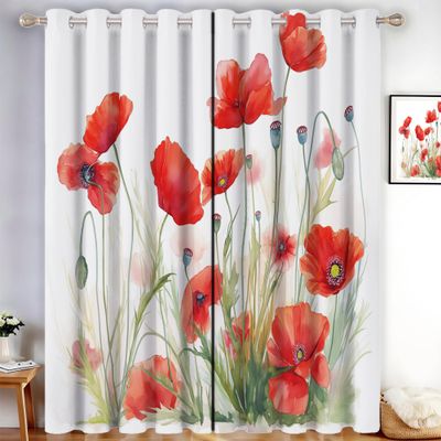 GDJSMIN Blackout Curtains, Pastoral Style, Thermal Curtains with Watercolor Wild Poppies, Noise Reduction, 175 x 140 cm, Red, Set of 2