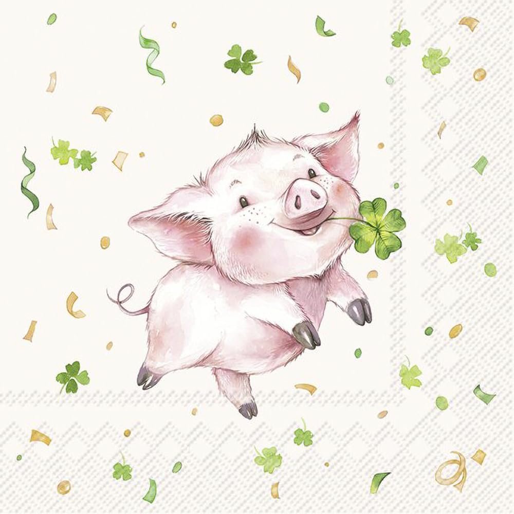 20 Lucky Pig Napkins with Clover for Table Decoration