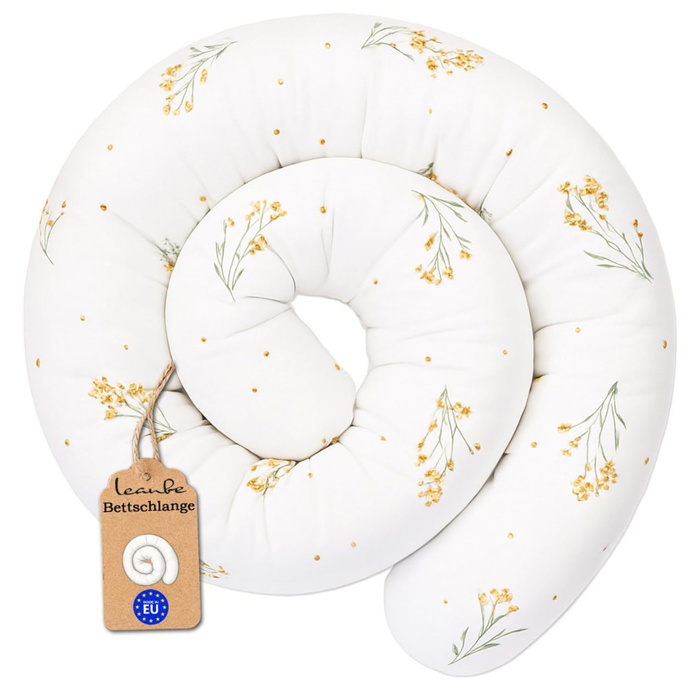 Leanbe Bed Bolster, 150–400 cm, Soft Bed Roll and Side-Sleeper Pillow, Cotton Floral Pattern, White-Yellow (200 cm)