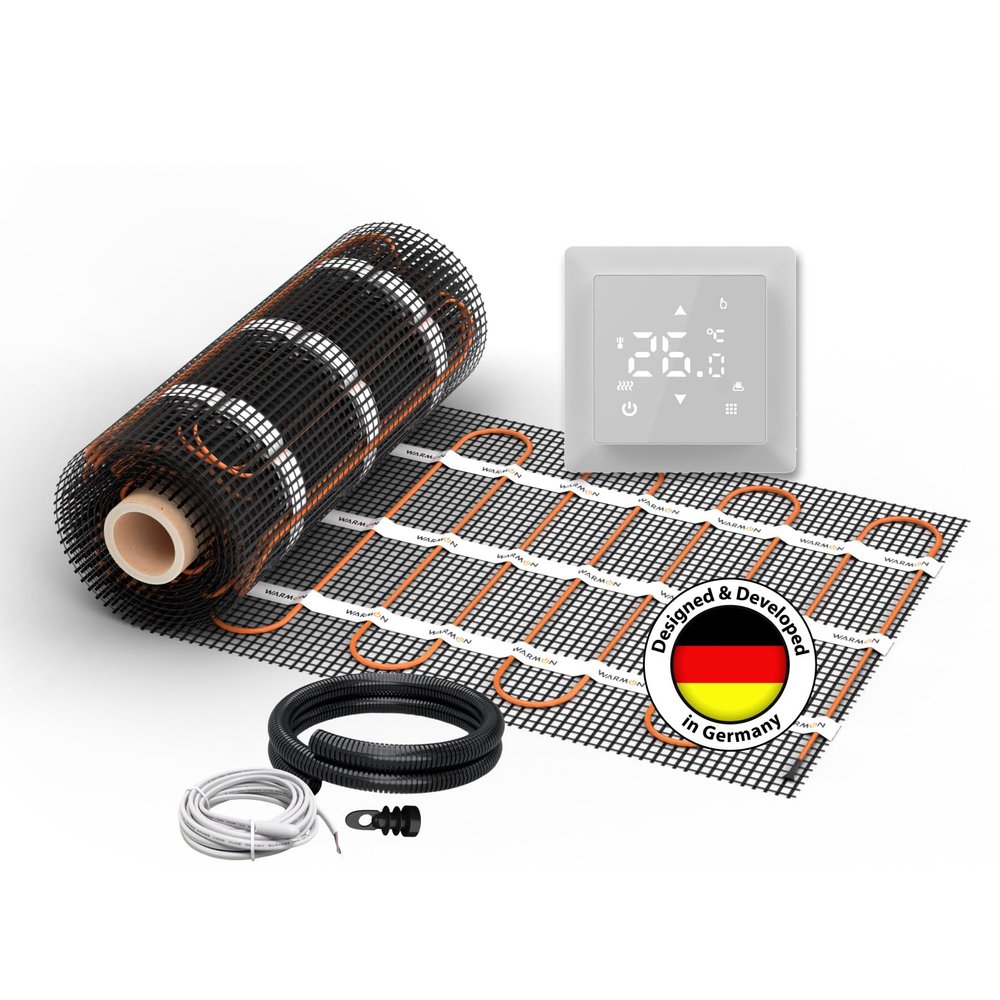 Electric Underfloor Heating for Tile: WARMON ULTRA 200 W/m² Dual-Conductor Heating Mat with Thermostat and Floor Sensor, Non-WiFi, White, Mat Size: 5 m
