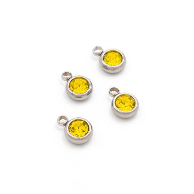 Vintageparts Stainless Steel Pendant with Citrine Yellow Rhinestone - 4 Pieces for DIY Jewelry