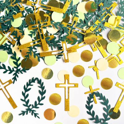 100 Pcs Cross Confetti for Baptism Table Decoration Green Leaves Fish