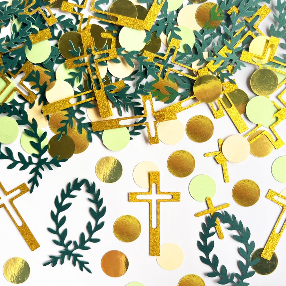 100 Pcs Cross Confetti for Baptism Table Decoration Green Leaves Fish