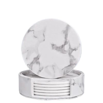 IKFGTJRE Leather Coasters with Marble Grain, White, 6-Piece Set with Holder
