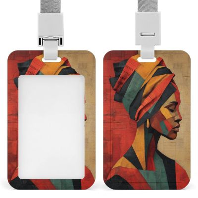 ID Badge Holder, African Woman Cubist Design, Retractable Clip