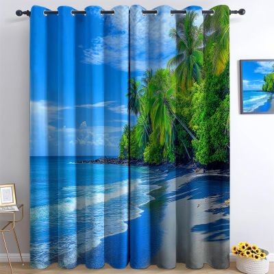 Blackout Curtains with Beach Palm Landscape, 140 x 175 cm, 2-Piece Thermal Curtain Set