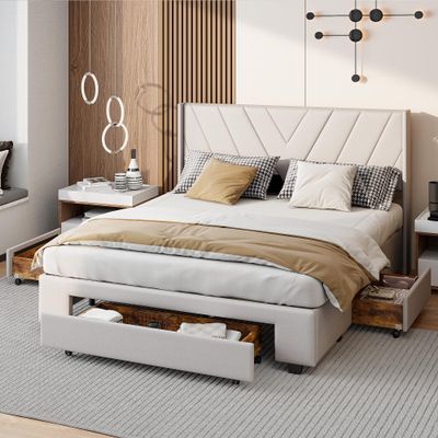 BRILVERDE Upholstered Bed 160 x 200 cm with Drawers and Headboard, Linen, Beige