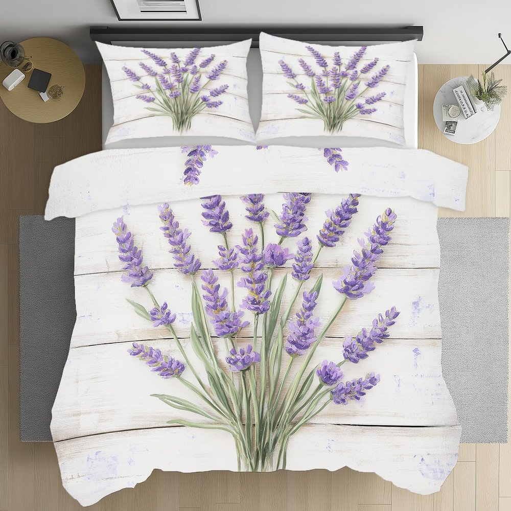 Floral Lavender Bedding Set 180x200 cm, Soft Microfiber, Reversible Botanical Design