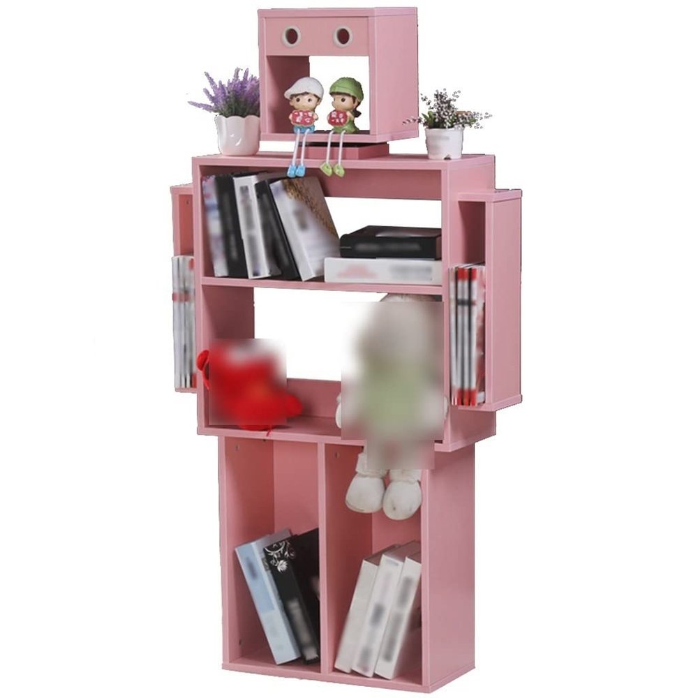 Robot-Shaped Bookshelf, 3-Tier Wooden Shelf with Rotating Head, Pink