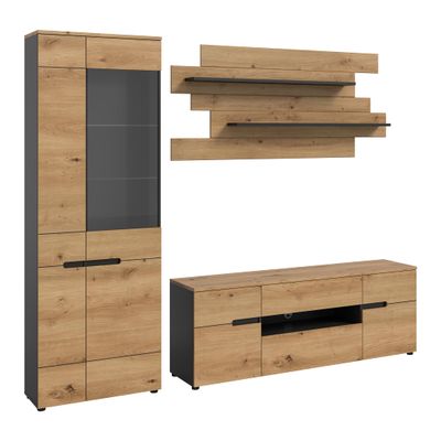 xonox.home Canu 3-Piece Living Room Wall Unit, 280 x 190 x 44 cm, Basalt Gray/Artisan