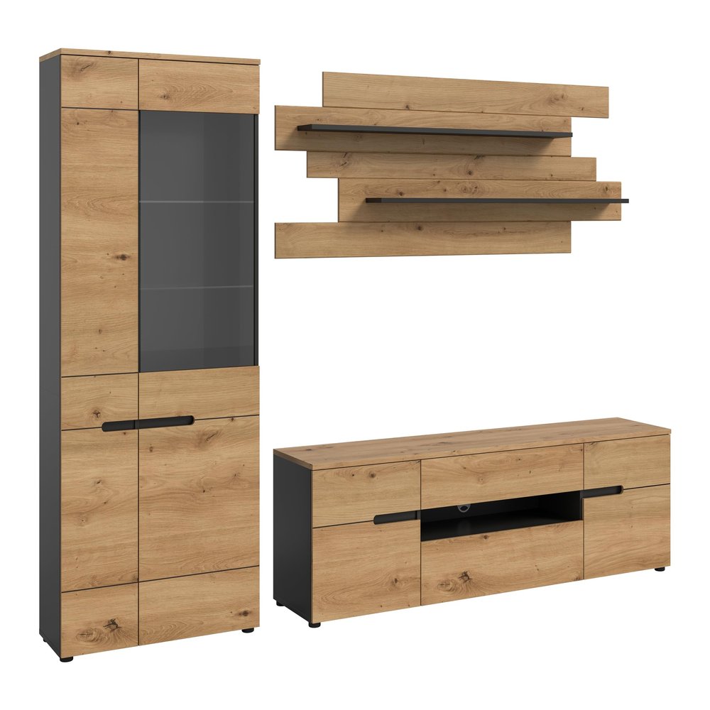 xonox.home Canu 3-Piece Living Room Wall Unit, 280 x 190 x 44 cm, Basalt Gray/Artisan