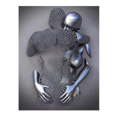 XIUWOUG Modern 3D Bedroom Wall Art, Metal Love Heart Kiss Figure Canvas Print, 30 x 40 cm