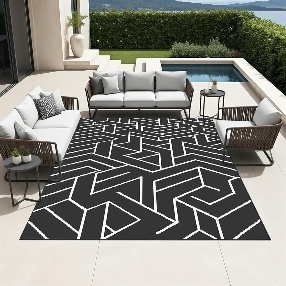 Hiseng Weather-Resistant Outdoor Rug, Black Straw Style, Foldable, for Patio, Camping & Picnic (183 x 272 cm)