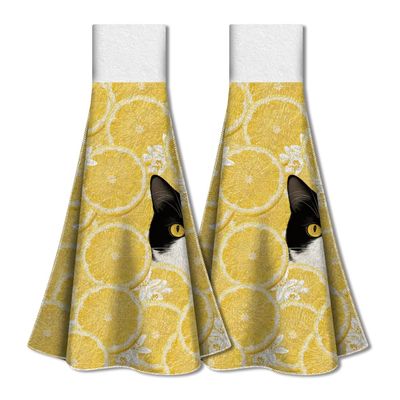 WADORN 2-Pack Yellow Towels with Lemon Cat