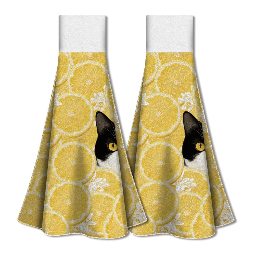 WADORN 2-Pack Yellow Towels with Lemon Cat