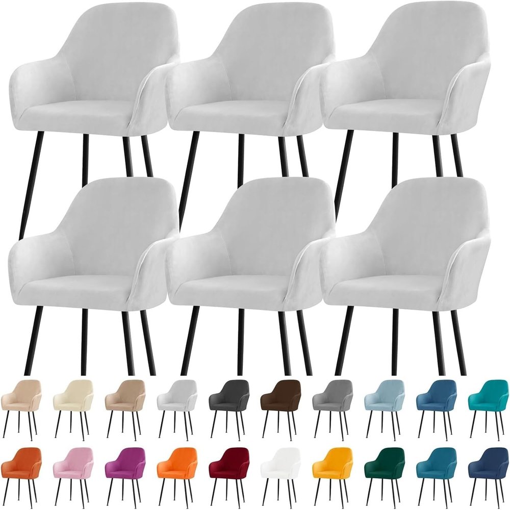 ZUOZHE Stretch Dining Chair Covers with Arms, Washable Non-Slip Slipcovers, White, 6-Piece