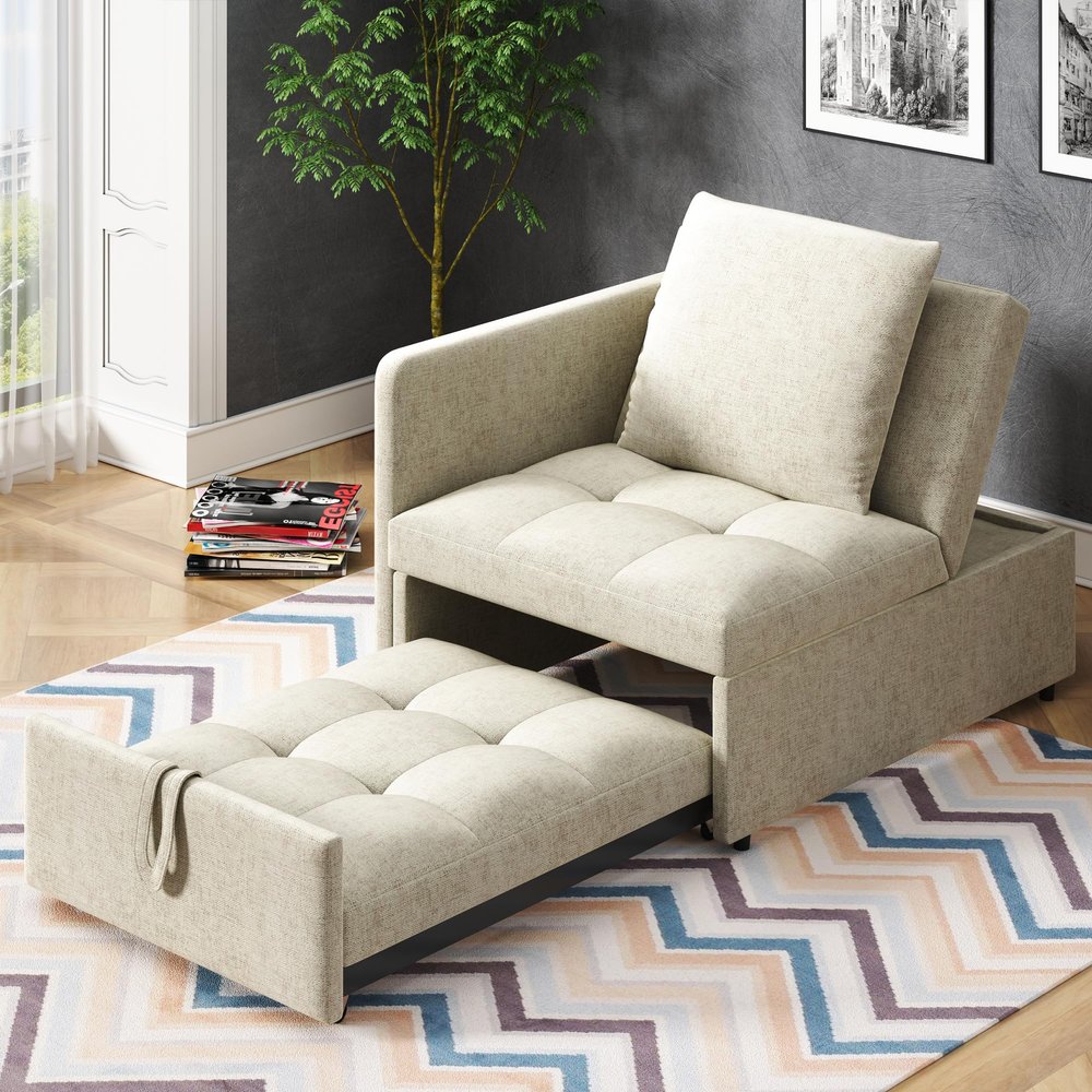 Rosebibi Upholstered 3-in-1 Sofa Bed, Linen Fabric, Adjustable Backrest, Beige