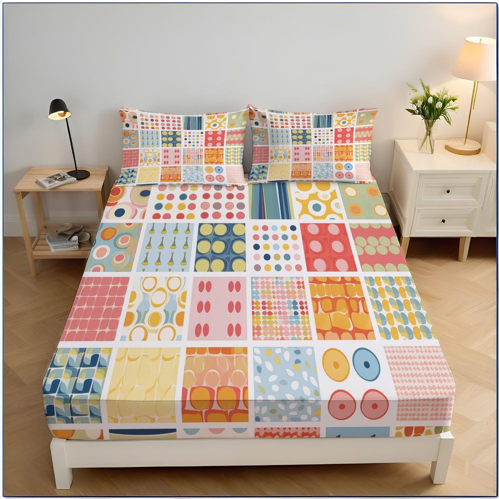 Fitted Sheet 200 x 200 cm, Vector Art Graphic Mesh Pattern, Microfiber, Fits Mattresses up to 30 cm, Soft, Colorful