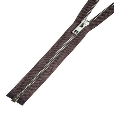 Coarse Metal Separating Zipper, 8 mm, Silver Gloss, Medium Brown, 56 cm