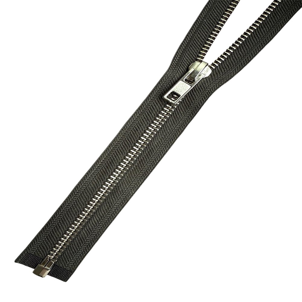 Coarse Metal Separating Zipper, 8 mm, Silver Gloss, Dark Olive/Khaki, 23 cm