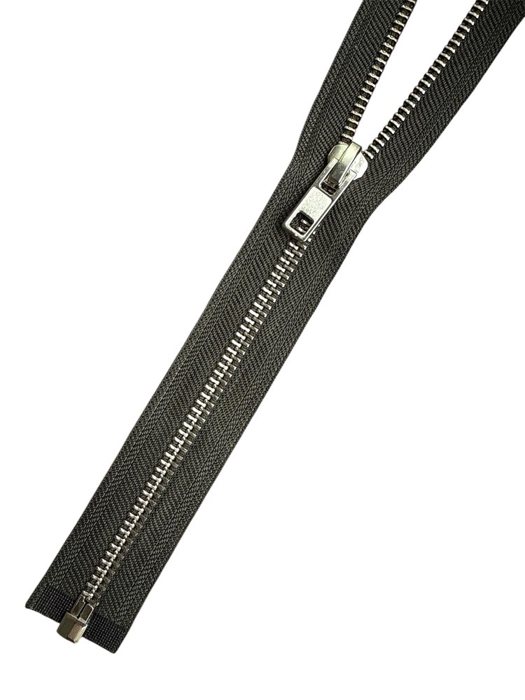 Metal Separating Zipper, 8 mm, Silver-Gloss, Dark Olive/Khaki, 49 cm