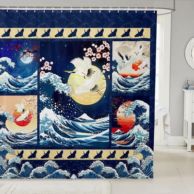 Homemissing Japanese Wave Shower Curtain, 180 x 180 cm, Crane, Cherry Blossoms, Ocean Style, Plaid, 12 Hooks