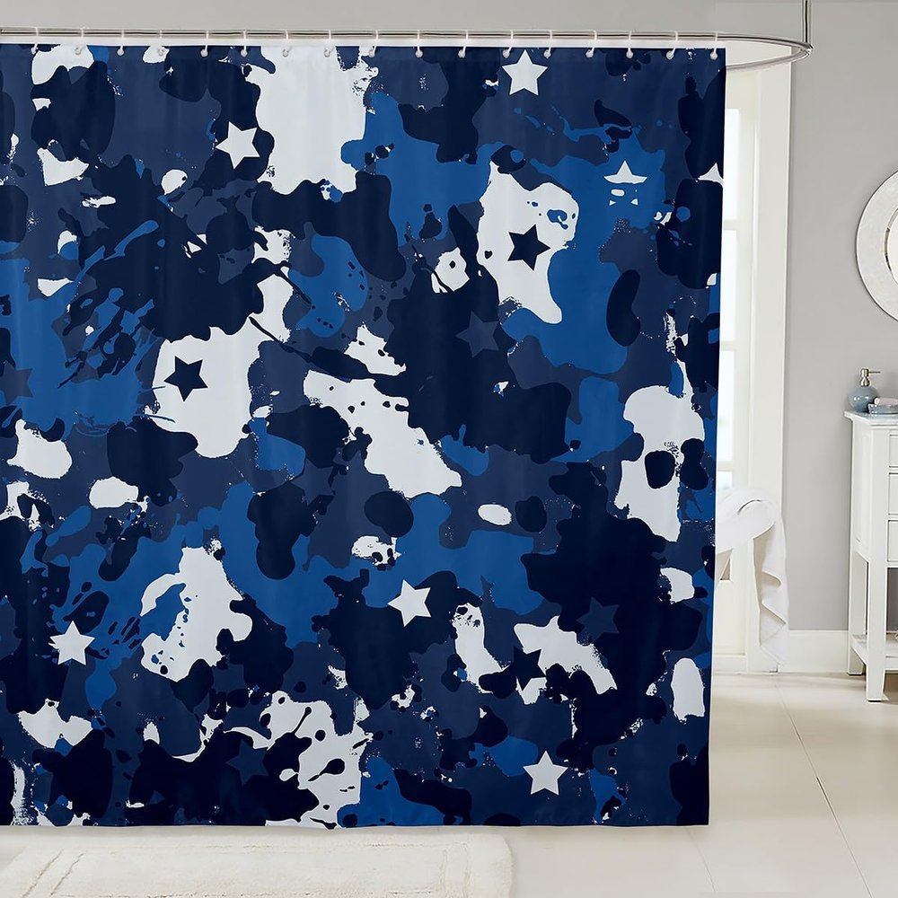Homemissing Blue Camouflage Shower Curtain 180 x 210 cm, Military-Style Abstract Stripe Pattern