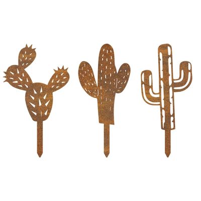 Rusty Cactus Garden Stakes, 3-Piece Iron Set