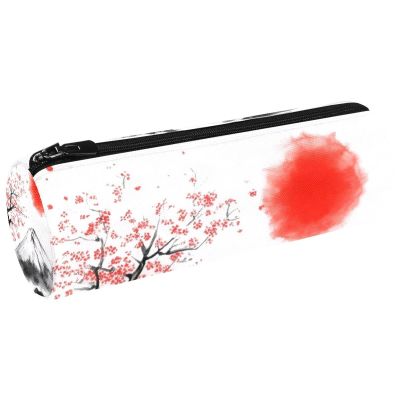 VAPOKF Fuji Mount Pencil Case, Red Sun and Cherry Tree Design