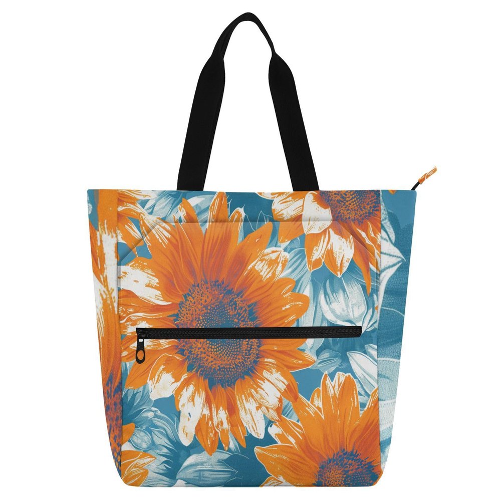 Vintage Sunflower Children's Book Tote Bag with Zippered Pockets