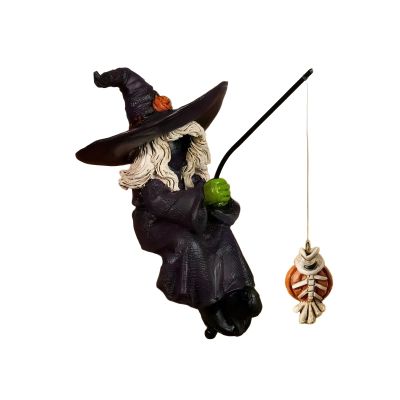 Fishing Witch Statue, 5-Inch Gothic Resin Figurine, Pumpkin