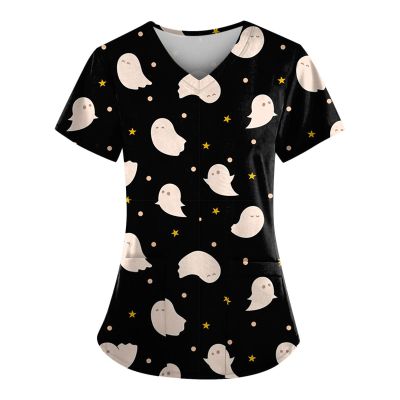 Saymany Women's Halloween V-Neck Short-Sleeve Scrub Top, Black, XXL
