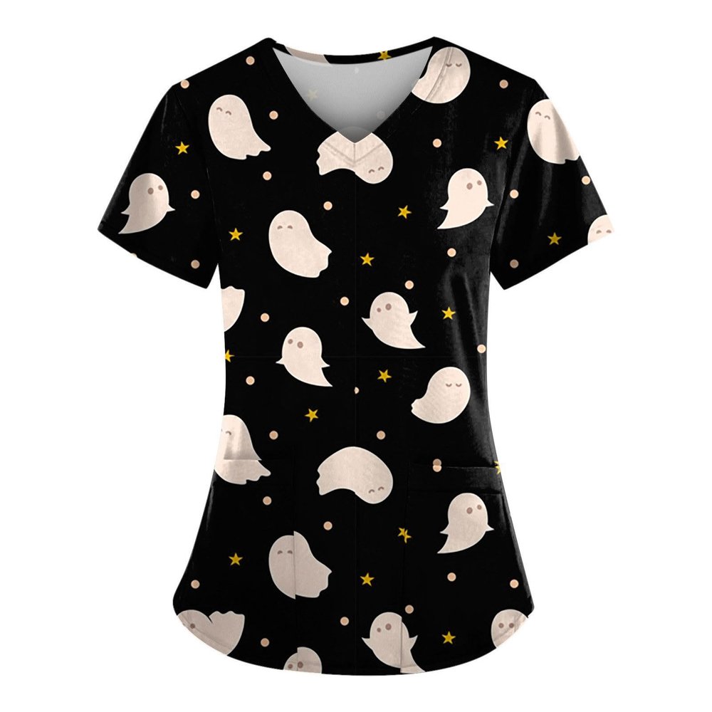 Saymany Women's Halloween V-Neck Short-Sleeve Scrub Top, Black, XXL