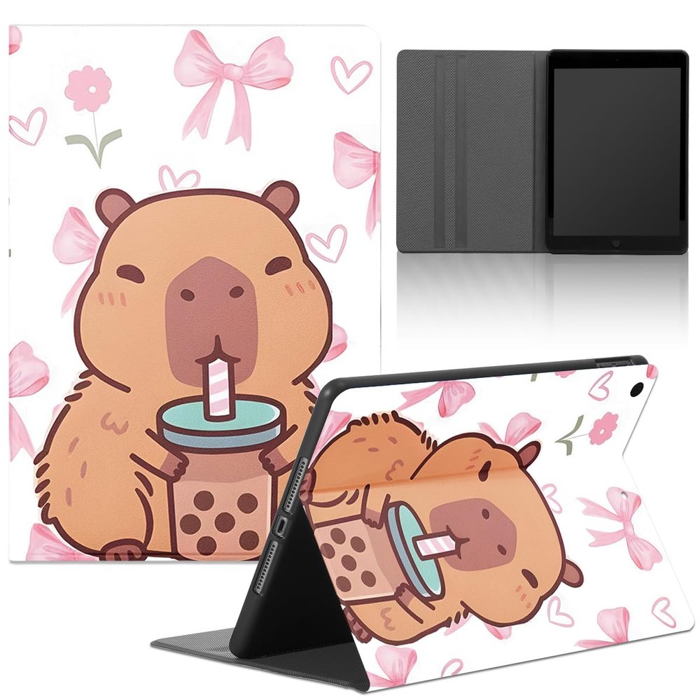 Tablet Case for Samsung Galaxy Tab A8 10.5-inch 2022/2021 SM-X200/X205, PU Leather Flip TPU Cover with Cute Capybara Pattern, Adjustable Stand, Milk Tea