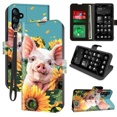 Protective Case for Samsung Galaxy A35 5G with RFID Blocking, 4 Card Slots, Stand, Wrist Strap, Magnetic PU Leather Wallet Case with Cute Baby Pig and Sunflower Design
