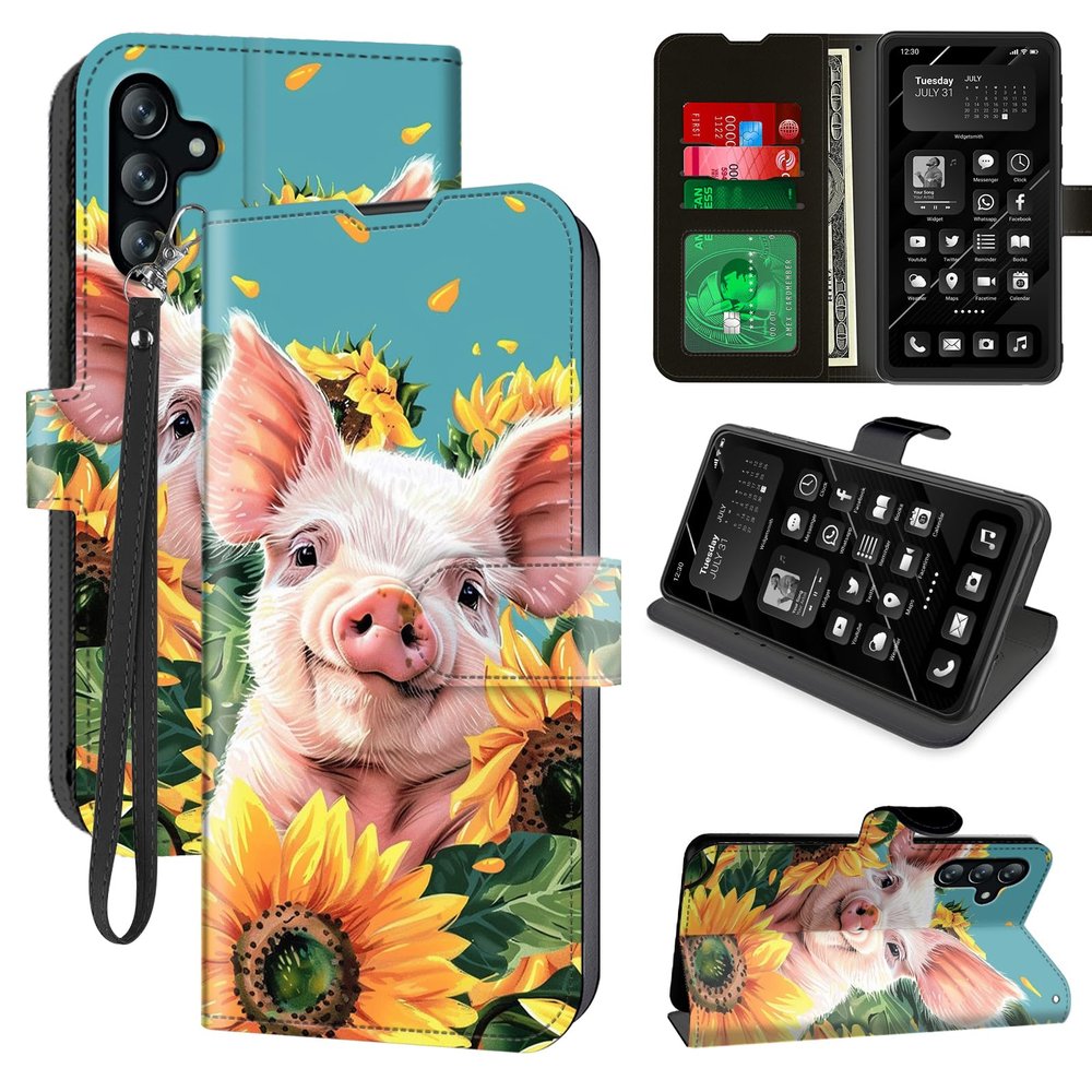 Protective Case for Samsung Galaxy A35 5G with RFID Blocking, 4 Card Slots, Stand, Wrist Strap, Magnetic PU Leather Wallet Case with Cute Baby Pig and Sunflower Design