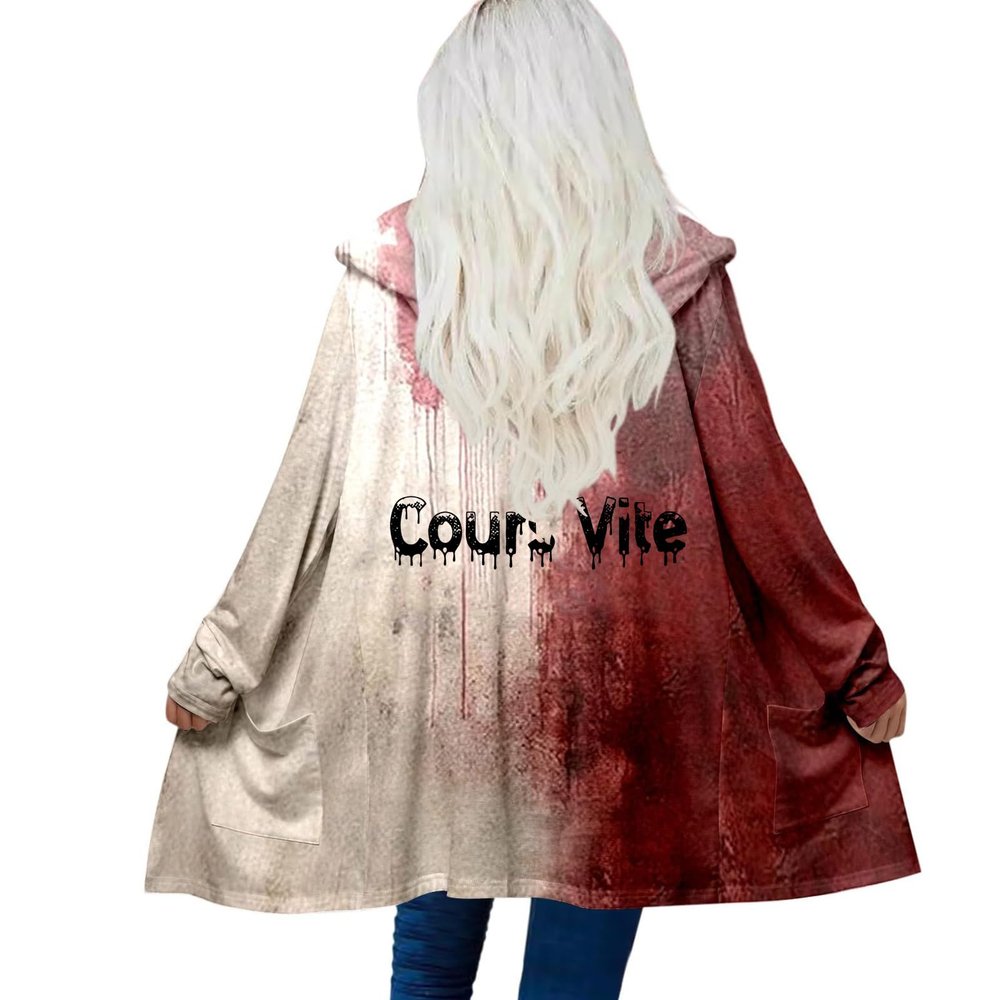 Mfhmom Problem Solved Halloween Cardigan for Women, Bloody Horror Letter-Print Long Hooded Open-Front Jacket for Horror Cosplay, Carnival & Party Outfits