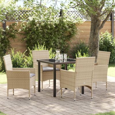 5-Piece Beige Poly Rattan Patio Dining Set with Cushions