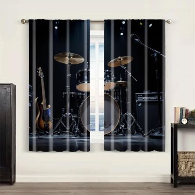 XIANGPEIFBH 2-Piece 95% Blackout Curtains with Guitar and Drum Design, 115" W x 255" H cm Each