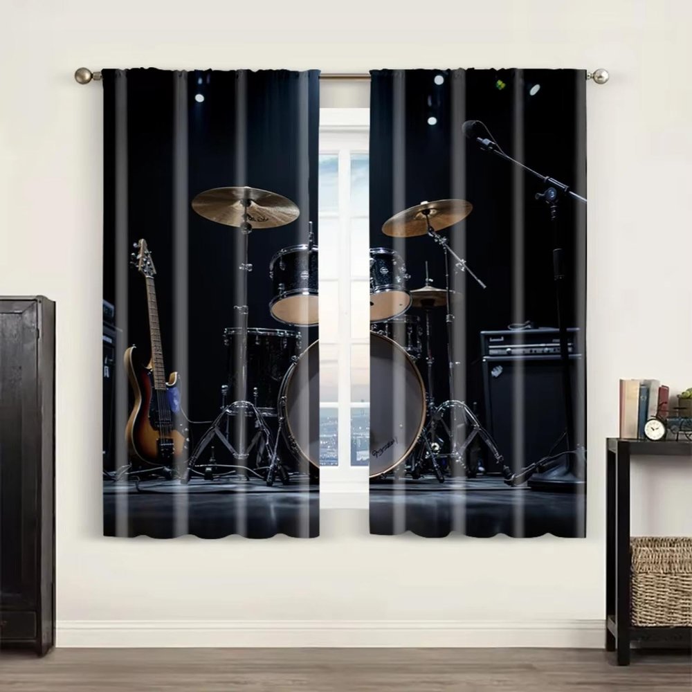 XIANGPEIFBH 2-Piece 95% Blackout Curtains with Guitar and Drum Design, 115" W x 255" H cm Each