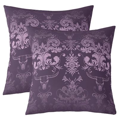 Homewish Highland Cow Skull Pillow Covers, Purple Damask, 45 x 45 cm, Set of 2