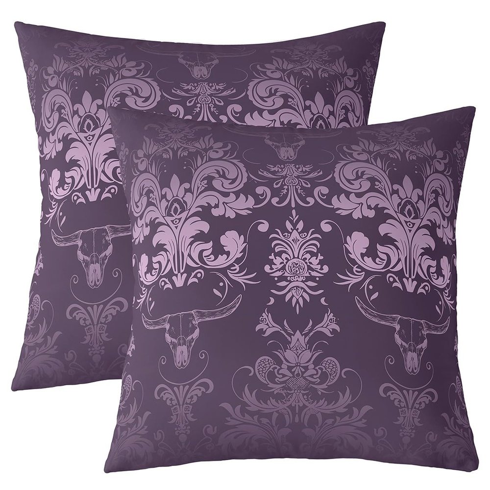 Homewish Highland Cow Skull Pillow Covers, Purple Damask, 45 x 45 cm, Set of 2
