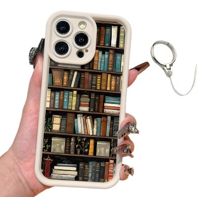 Vintage Bookshelf Pattern TPU Case for iPhone 11–16, White