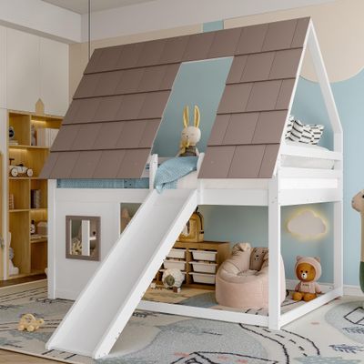140 x 200 Wooden House Bunk Bed with Roof, Ladder and Slide, White + Brown