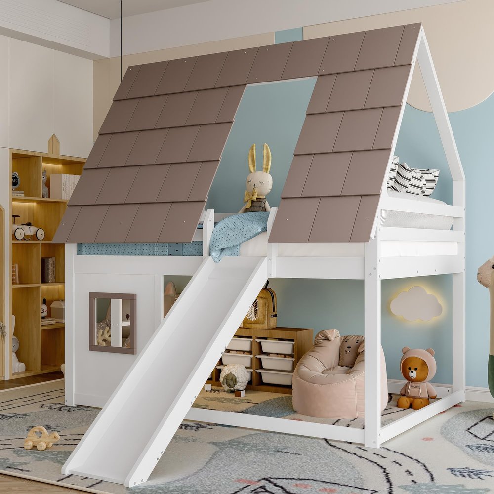 140 x 200 Wooden House Bunk Bed with Roof, Ladder and Slide, White + Brown