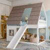 140 x 200 Wooden House Bunk Bed with Roof, Ladder and Slide, White + Brown view 1